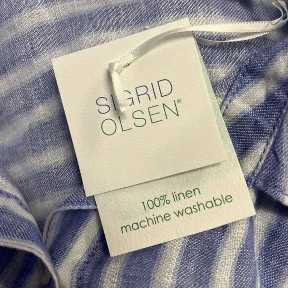 Sigrid Olsen Women's M Blue White Striped 100% Linen Button-Down Shirt Blouse - Picture 6 of 7